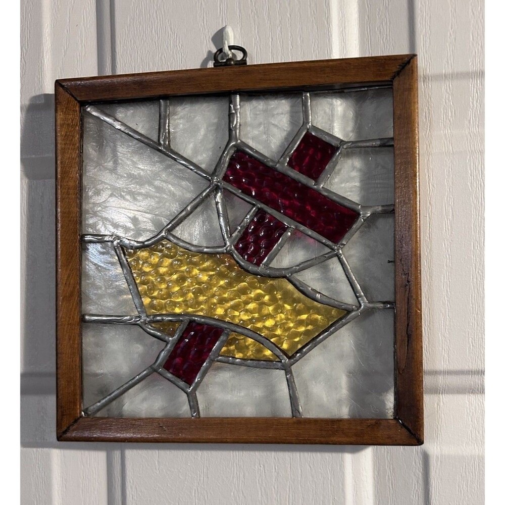 VTG Abstract Stained Glass Textured Panel Suncatcher Cross Wood Frame Red Amber